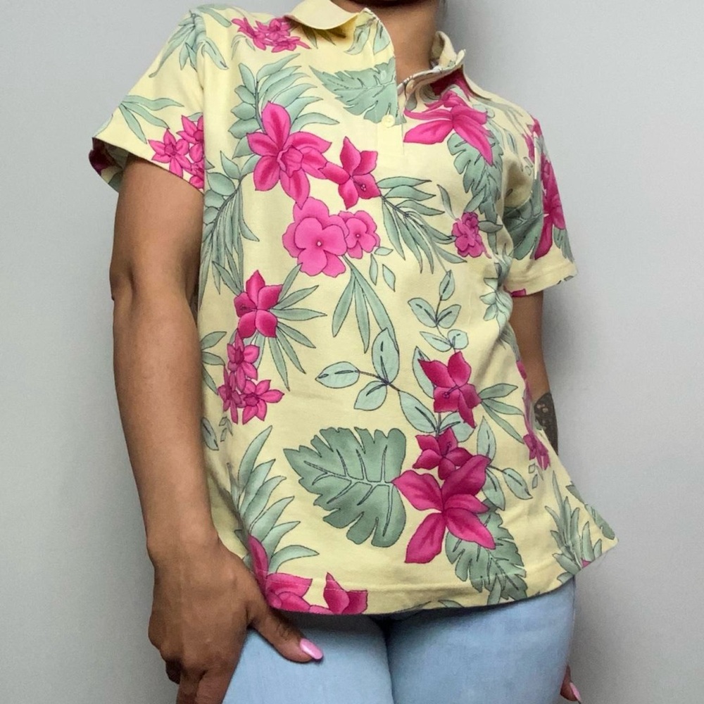 Basic Editions Yellow Berry Tropical Floral Polo Shirt Sz XL Women